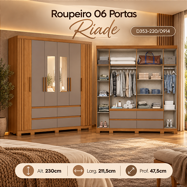 Roupeiro 211,5cm 06 Portas Riade c/ Espelho - Ref. D353-220 - Cinamomo/Avela - Móveis Henn