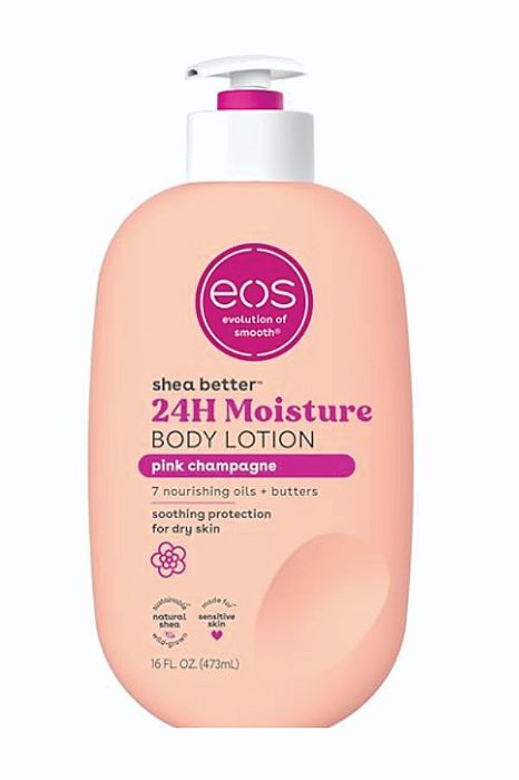 Loção Corporal EOS Shea Better Pink Champagne, Hidratação 24 Horas, Leve e Não Oleosa, Manteiga de Karité Natural, Vegana, 473 ml 01 Unid