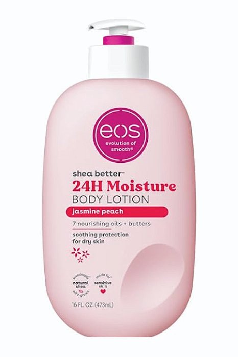 Loção Corporal EOS Shea Better com Jasmim e Pêssego, Hidratação 24 Horas, Leve e Não Oleosa, Manteiga de Karité Natural, Vegana, 473 ml 01 Unid