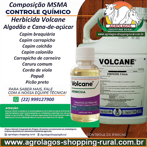 Herbicida Volcane Seletivo Fracionado 100 ml - Composição MSMA Algodão e Cana-de-açúcar