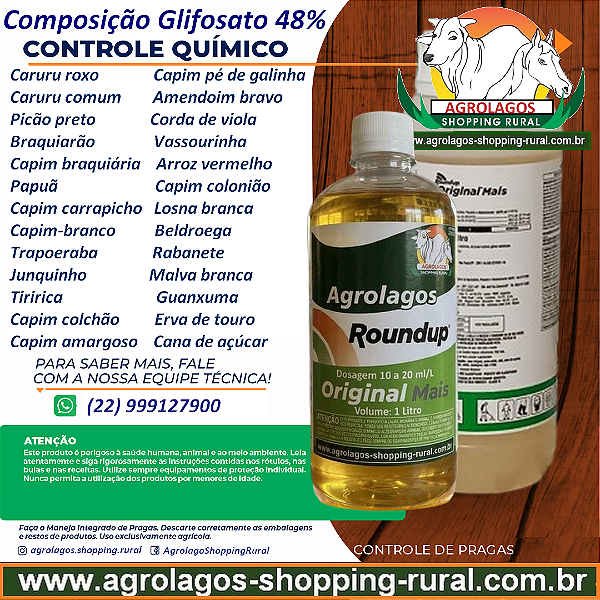Glifosato Roundup Fracionado 1 litro - Glifosato 48% Veneno Mata Mato Herbicida