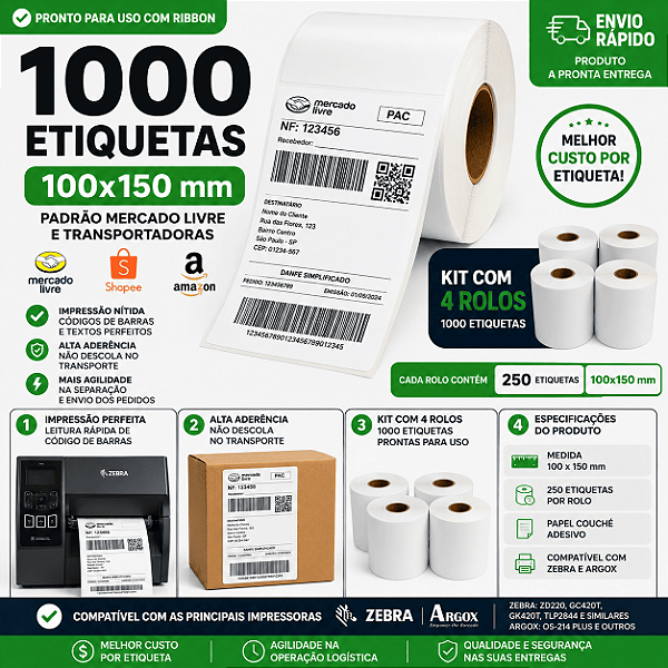 Etiqueta Adesiva 100x150mm para E-commerce e Logística Kit com 4 Rolos