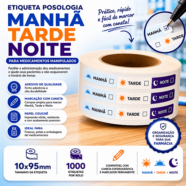 Etiqueta Posologia Manhã Tarde Noite 10x95mm para Medicamentos Manipulados | Rolo com 1000 Etiquetas
