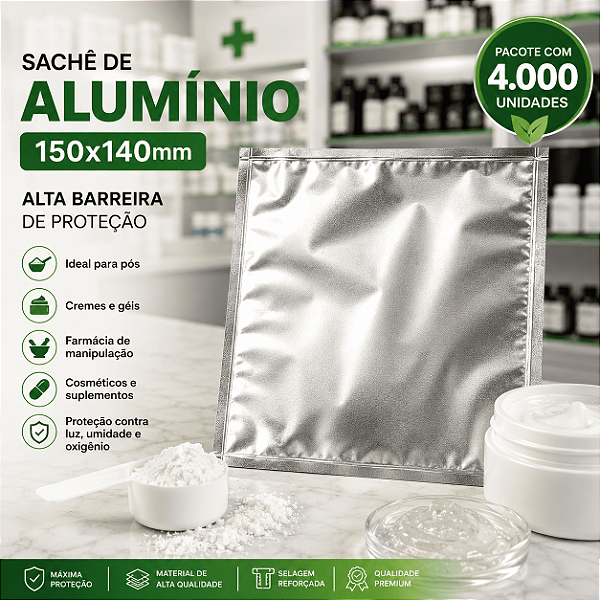 Sachê de Alumínio Laminado 150x140mm Alta Barreira – Pacote com 4000 Unidades para Farmácia e Cosméticos