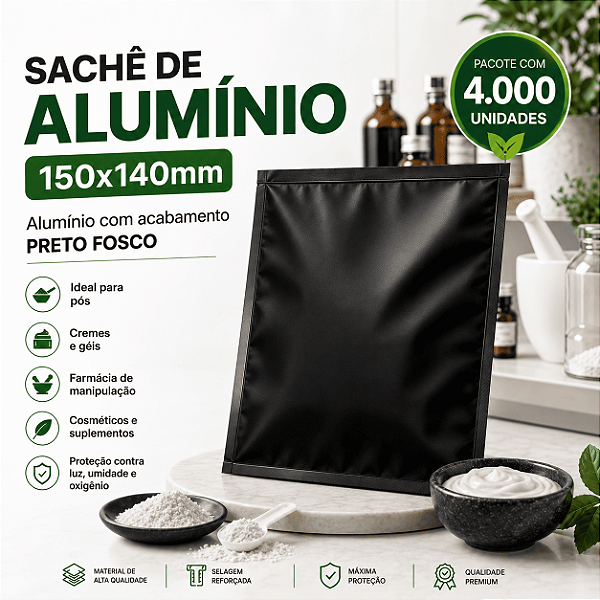 Sachê de Alumínio Preto Fosco 150x140mm Alta Barreira – Pacote com 4000 Unidades para Farmácia e Cosméticos