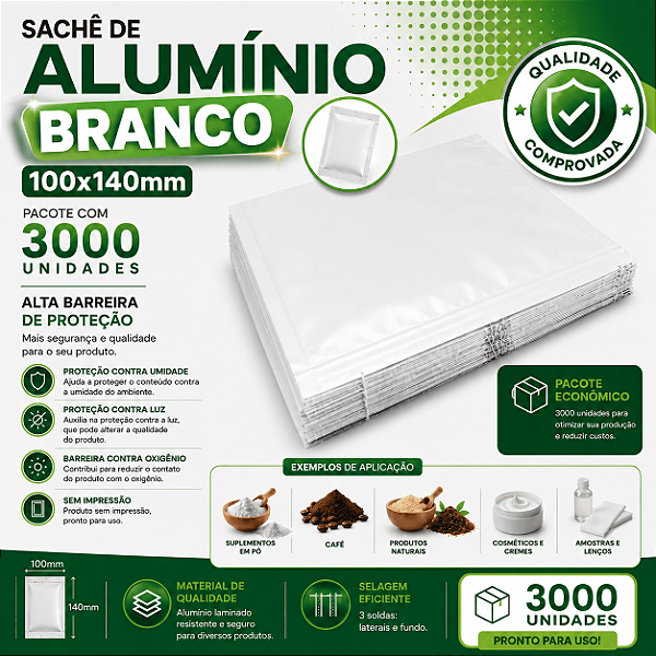 Sachê de Alumínio Branco 100x140mm – Pacote com 3000 Unidades | Alta Barreira de Proteção