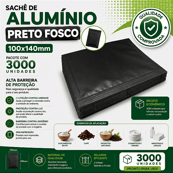 Sachê de Alumínio Preto Fosco 100x140mm – Pacote com 3000 Unidades | Alta Barreira de Proteção