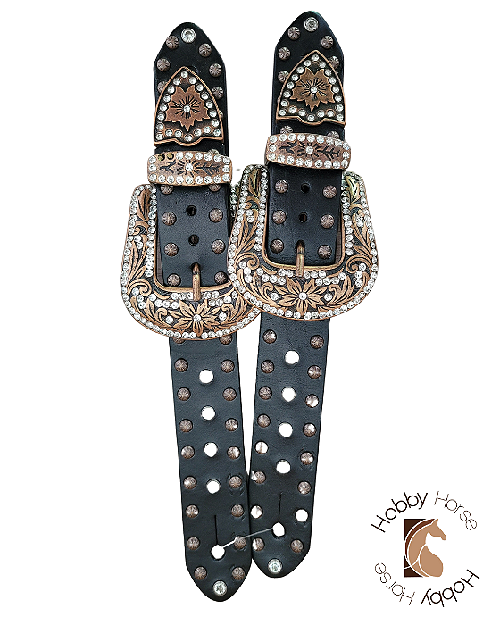 Correia de espora fivela com strass couro preto