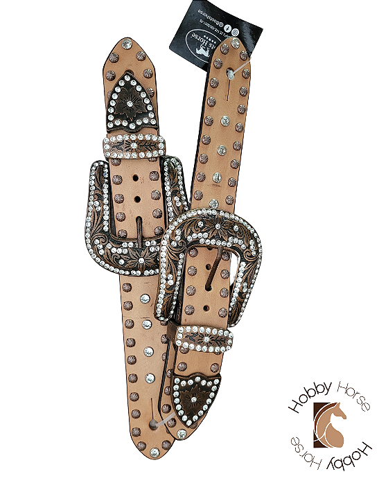 Correia de espora fivela com strass couro natural