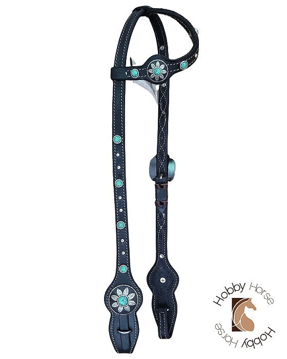 Cabeçada de uma orelha em couro margarida verde água