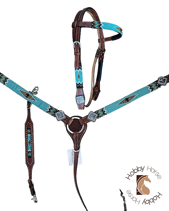 Conjunto peiteira + cabeçada + levantador de peiteira verde água