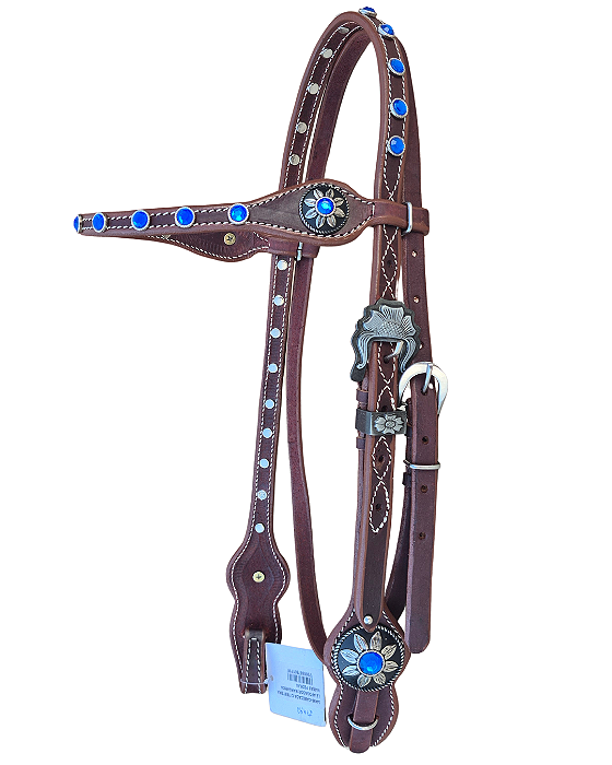 Cabeçada de testeira em couro marrom com pedras azul royal