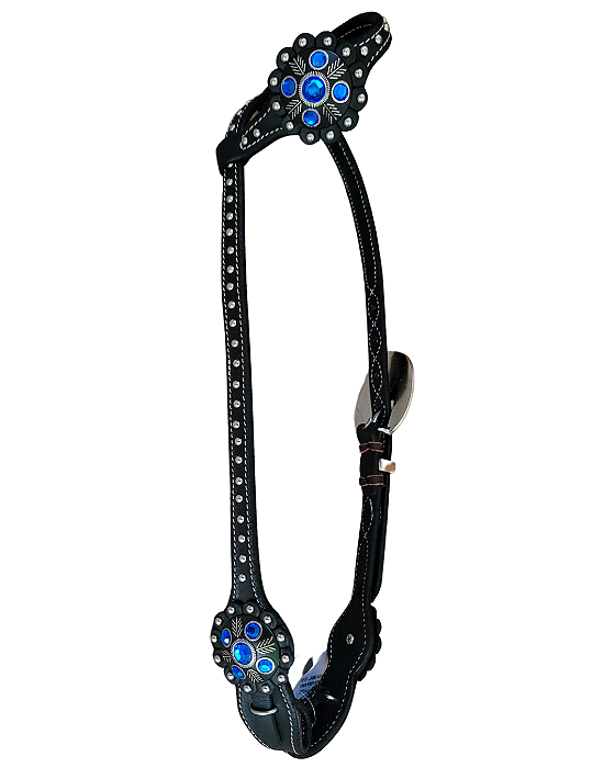 Cabeçada de testeira em couro preto com detalhes em pedras azul royal