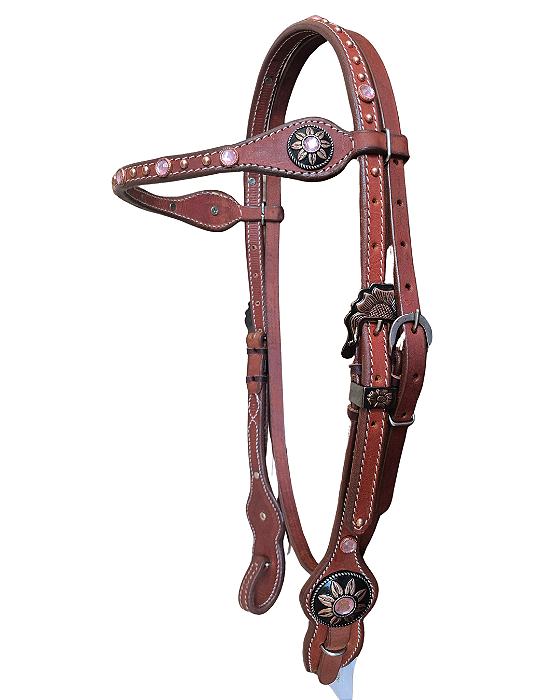 Cabeçada de testeira em couro marrom com pedras rosa bebê