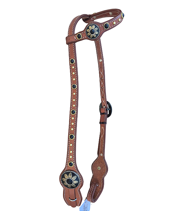 Cabeçada de uma orelha couro marrom pedras pretas