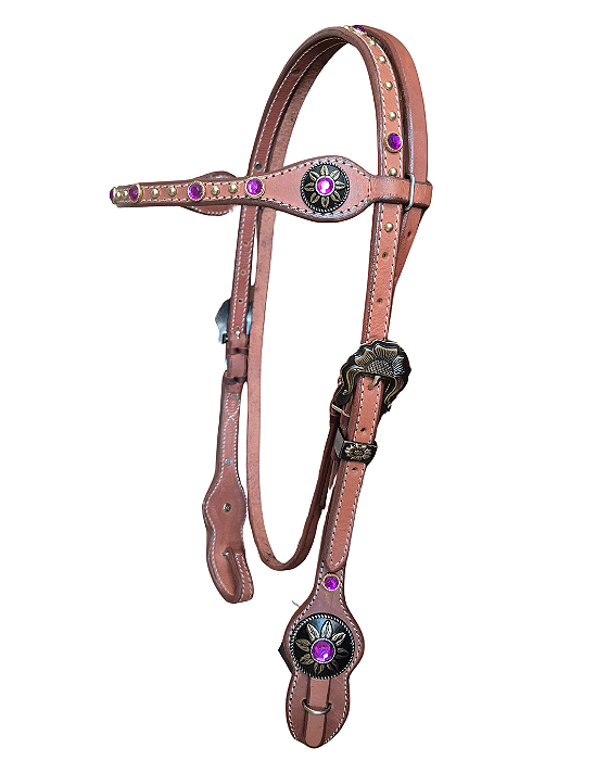 Cabeçada de testeira em couro marrom pedras roxo