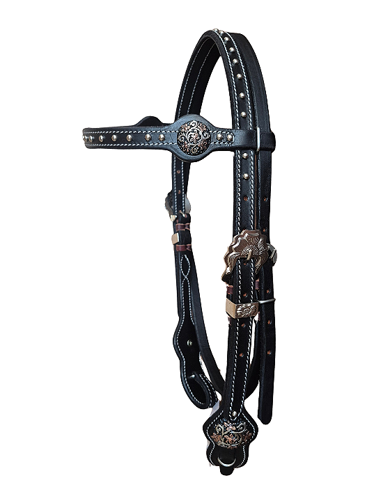 Cabeçada de testeira em couro preto com rebite de flor