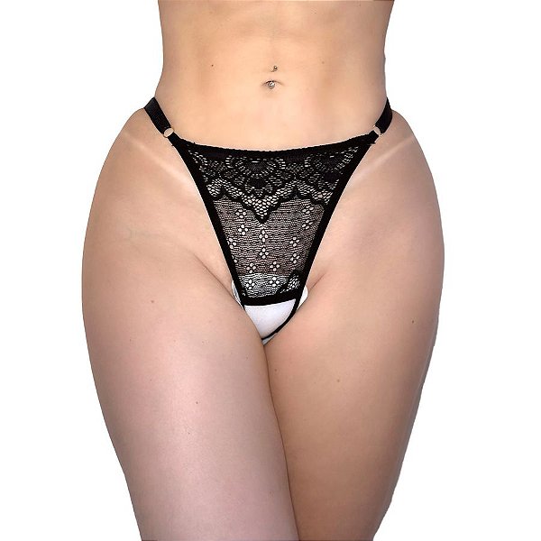 Calcinha Rendada Fio Dental com Abertura Alças Finas e Lacinho
