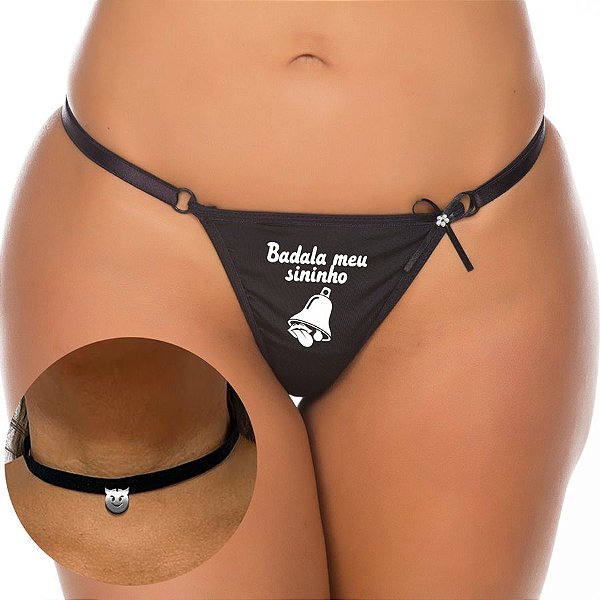 Kit Calcinha Fio Dental e Chocker com Frase 'Badala Seu Sininho'