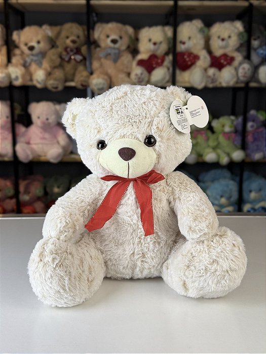 Urso pelúcia bege com laço -30cm