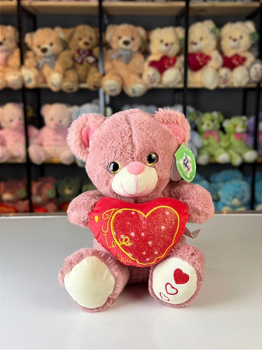 Urso pelúcia com coração cor rosa-28cm