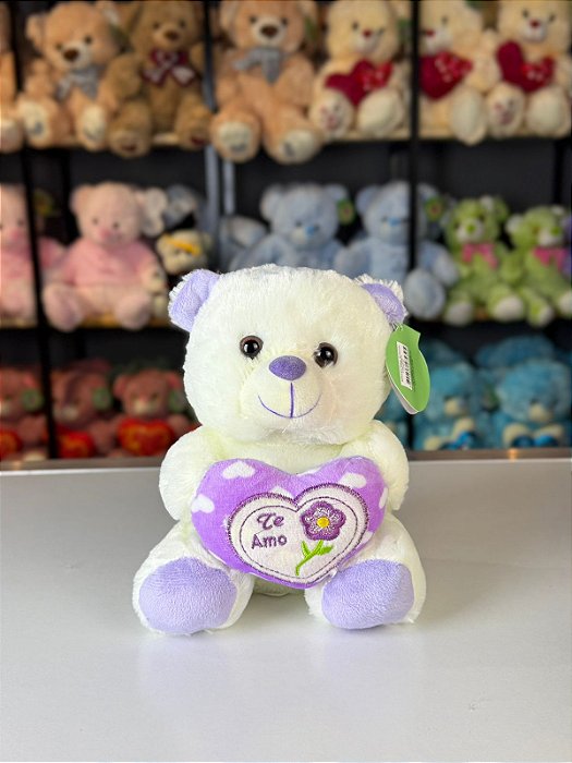 Urso pelúcia com coração florzinha cores -20cm und.