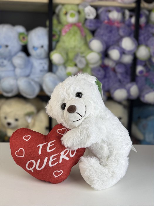 Pelúcia urso branco segurando coração  -22cm