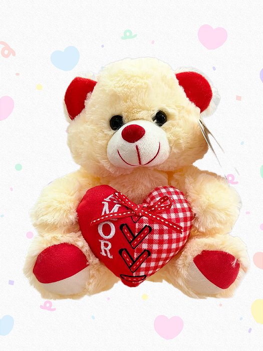 Urso pelúcia coração - BRANCO -20cm