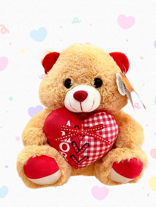 Urso pelúcia coração - BEGE-20cm