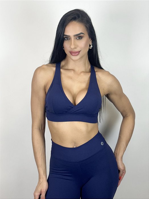 Top Fitness Médio Impacto Emana Feminino ROMA Cruzado Azul Escuro