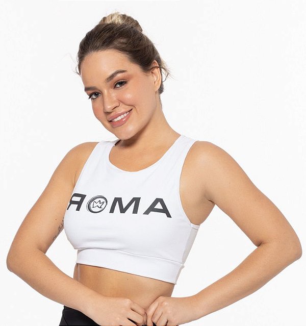 Top Fitness Médio Impacto Feminino ROMA Cropped Logo Branco