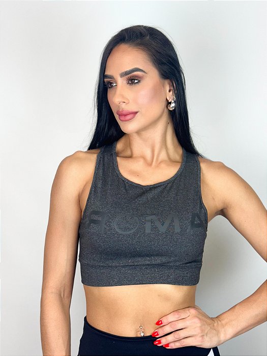 Top Fitness Médio Impacto Feminino ROMA Cropped Logo Cinza Médio