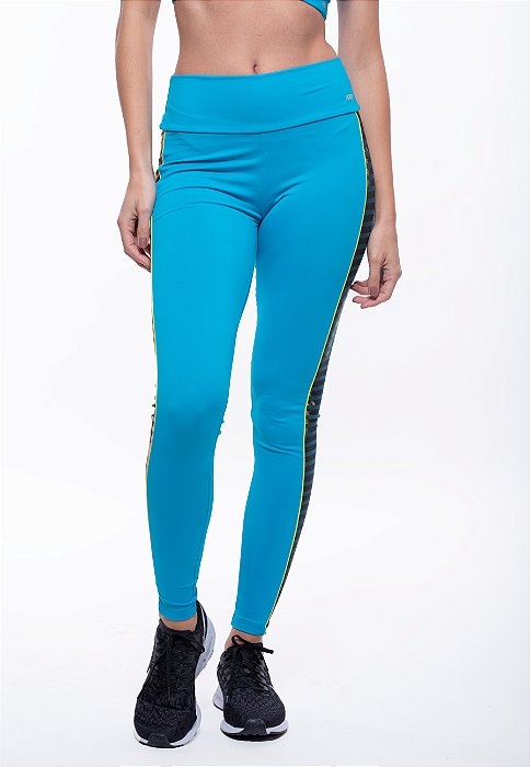 Calça Legging Fitness Longa Feminino ROMA Estampa Lateral Azul Médio