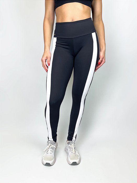 Calça Legging Fitness Longa Feminino ROMA Faixa Lateral Preto