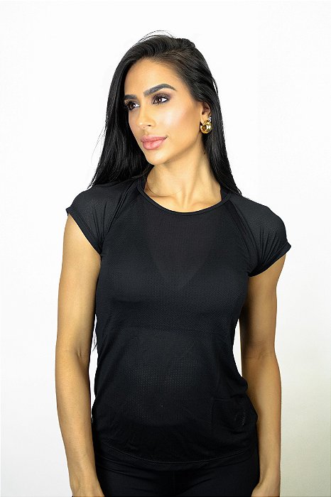 Camiseta Fitness Manga Curta Feminino ROMA Raglan Preto
