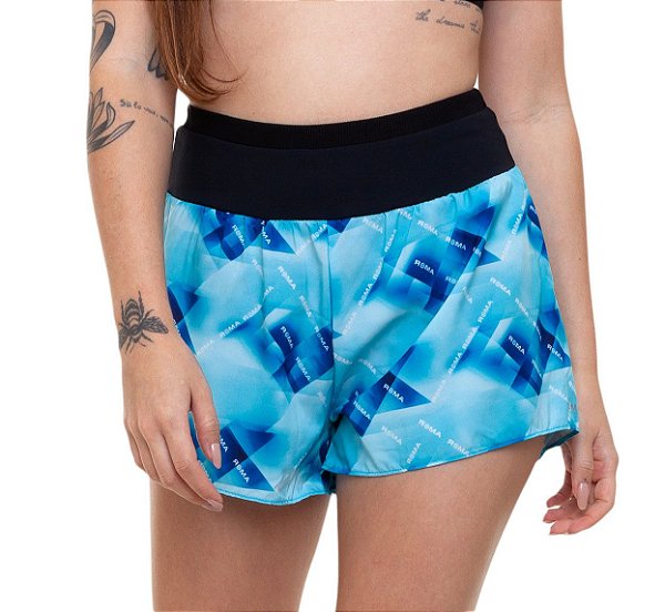 Shorts Fitness Curto Feminino ROMA Logo Estampado Azul Médio