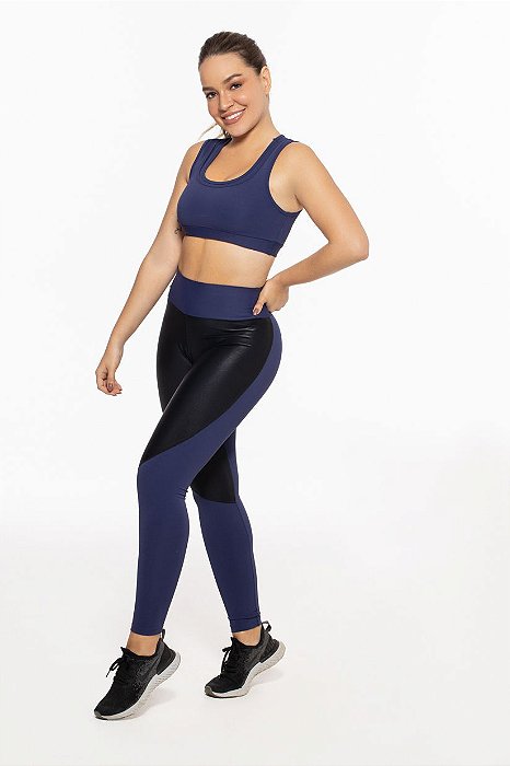 Calça Legging Fitness Longa Feminino ROMA Bicolor Azul/Preto Escuro