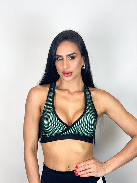 Top Fitness Médio Impacto Feminino ROMA Tela Preto/Verde Escuro