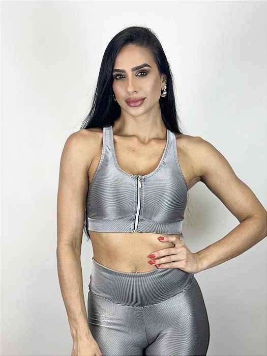 Top Fitness Médio Impacto Feminino ROMA Ziper Prata
