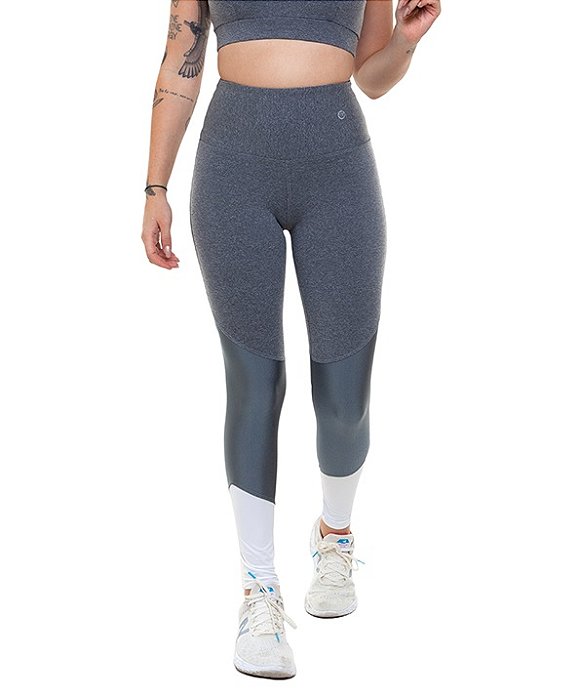 Calça Legging Fitness Longa Feminino ROMA Recorte Lateral Cinza Claro