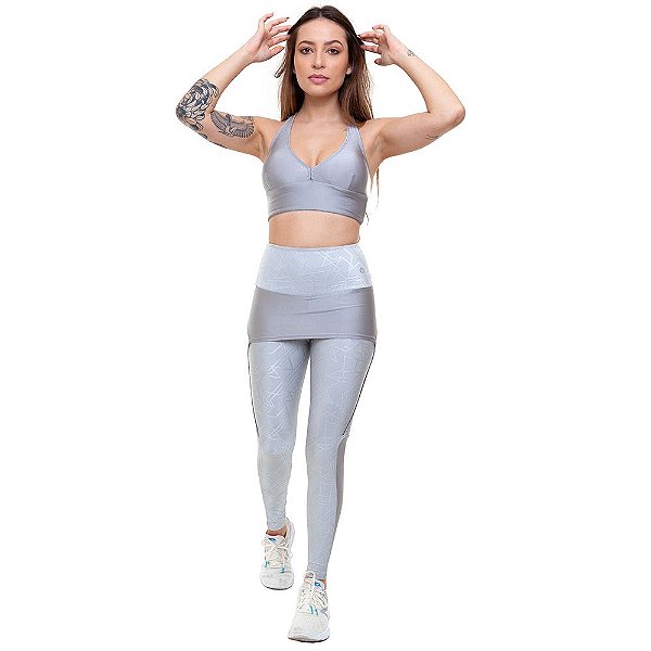 Calça Legging Longa  Fitness Feminino ROMA Legging Saia Prata