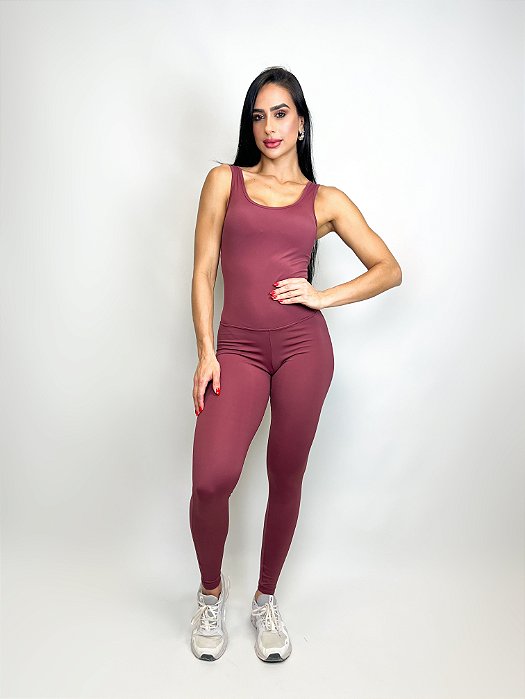 Macacão Fitness Feminino Longo com detalhe costas Marsala