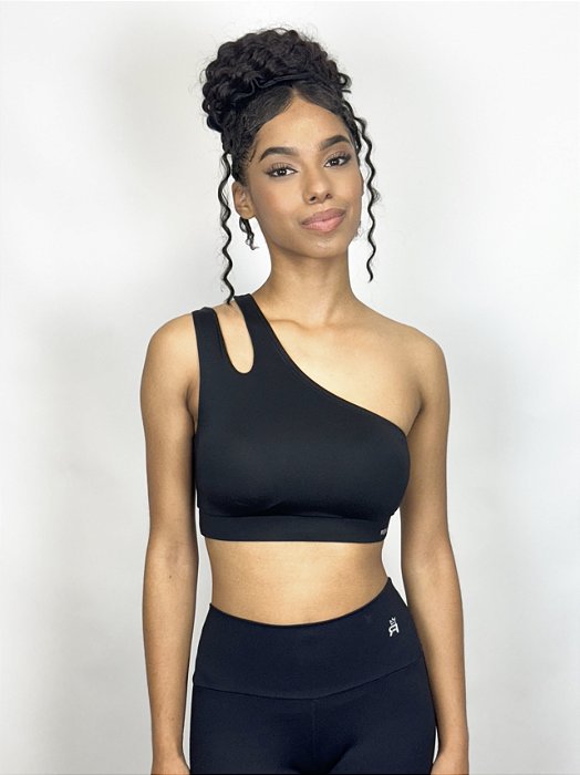 Top Fitness Um Ombro Médio Impacto Feminino ROMA Preto