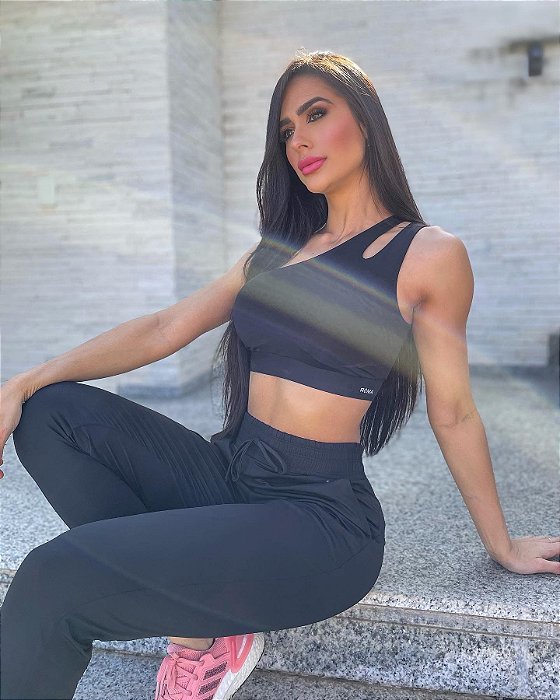 Top Fitness Um Ombro Médio Impacto Feminino ROMA Preto