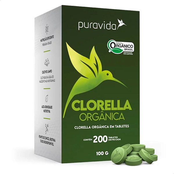 Clorella Premium Orgânica 500mg 200 tabs Puravida