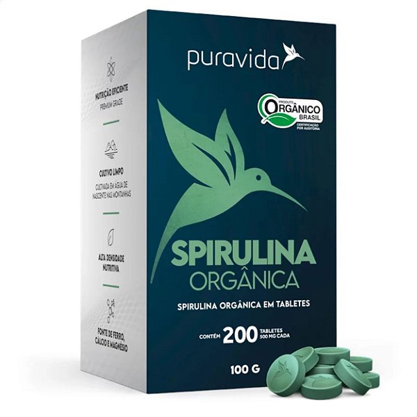 Spirulina Premium Orgânica 500mg 200 tabs Puravida