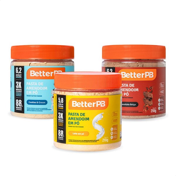 Kit 3 Pastas de Amendoim em Pó BetterPB - Chocolate Belga, Cookies & Cream e Leite em Pó