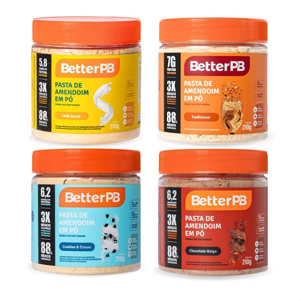 Kit 4 Pastas de Amendoim em Pó BetterPB - Tradicional, Chocolate Belga, Cookies & Cream e Leite em Pó
