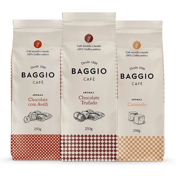 Kit 3 Café Moído Gourmet Baggio Chocolate com Avelã+Trufado+Caramelo