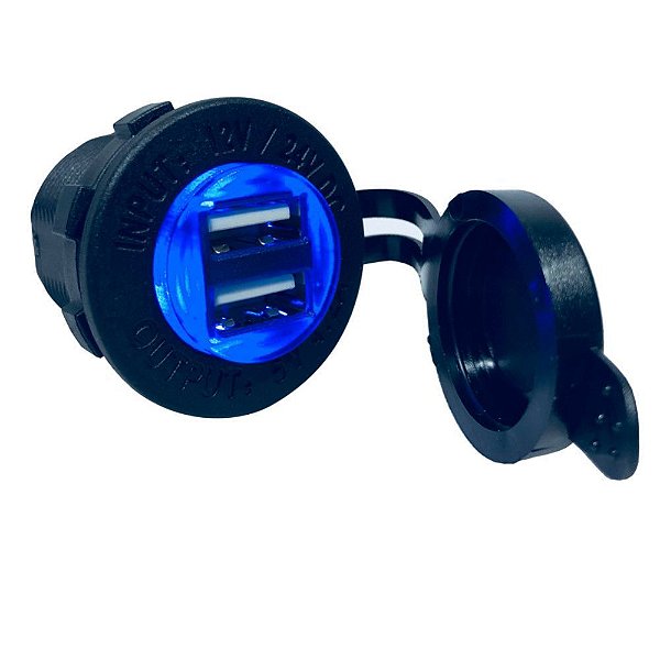 Tomada Dupla Entrada USB Soquete 12V Led Azul com Capa